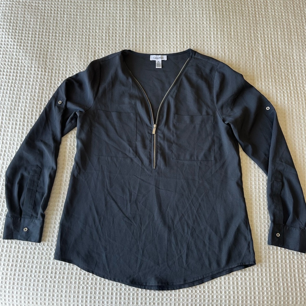 Calvin Klein Dark Grey Zip V-Neck Long-Sleeve Blouse